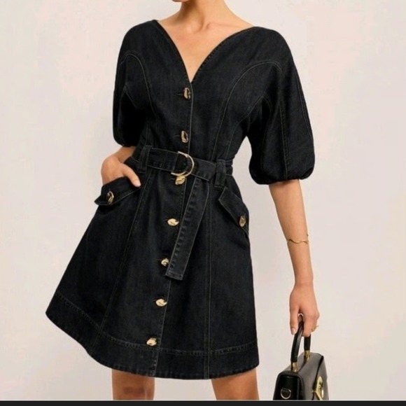 Commense Dresses & Skirts - Commense Black Denim Puff Sleeve Button Belted Mini Dress Pocketed dark romantic